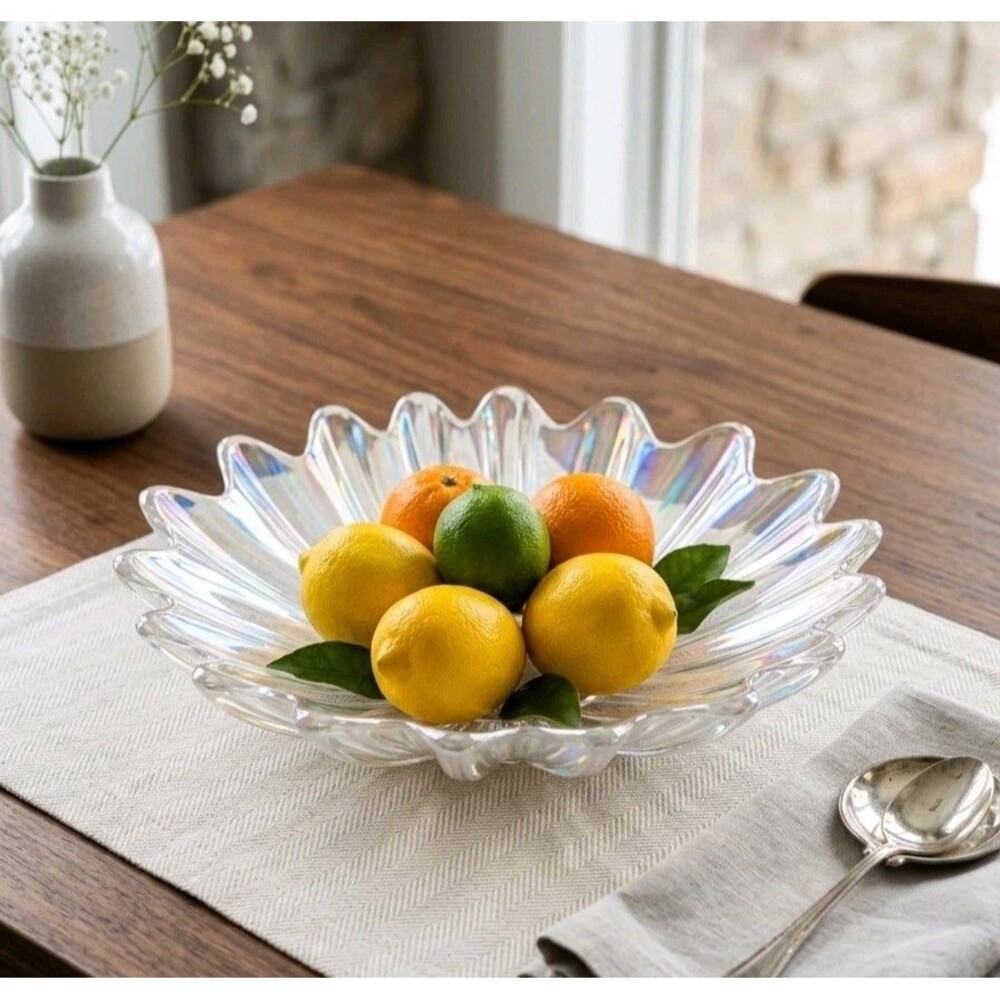 Vintage Federal Glass Iridescent Petal Bowl Clear Carnival Starburst Fluted 11"